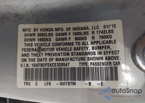 2012 Honda Civic Lx z USA, uszkodzony, nr VIN 19XFB2F5XCE326547